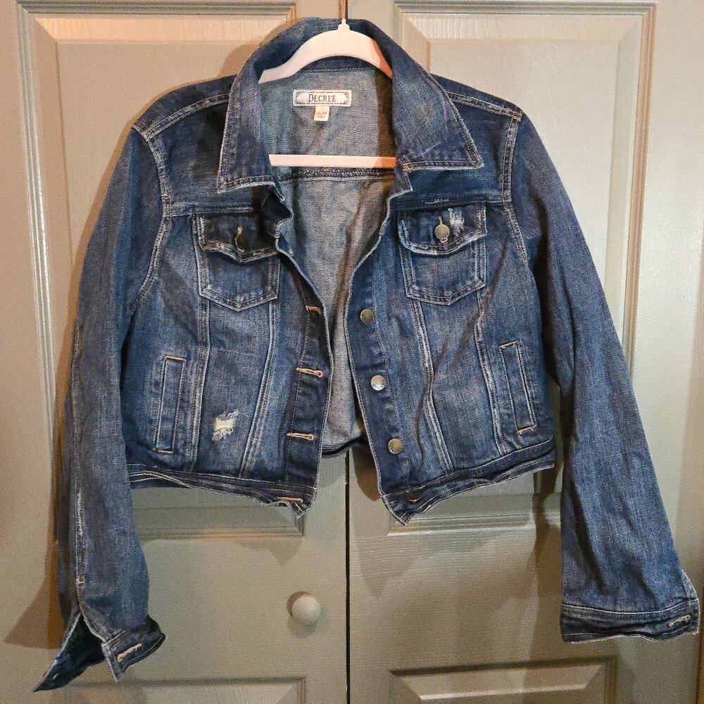 Decree Dark Denim Destructed Cropped Jacket XL